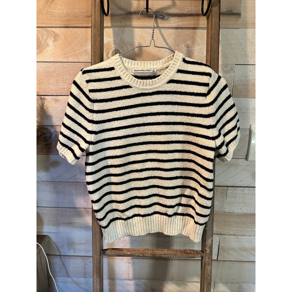 Abercrombie & Fitch Womens Large Short Sleeve Striped Sweater Cream Black Knit